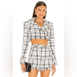 NBD Franca Cropped Tweed Jacket in White & Black